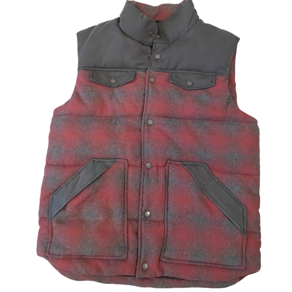 Red Head Ranch Mens Plaid Puffer Vest‎ Red Grey Wool Blend Snap Front Medium